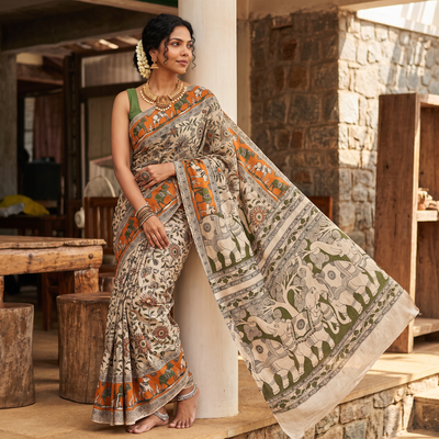 Beige Cotton Saree in Kalamkari Print, draped and worn by a woman, AI visual of the saree, iTokri
