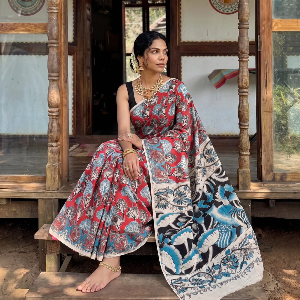 Red Cotton Saree in Kalamkari Print, draped and worn by a woman, AI visual of the saree, iTokri