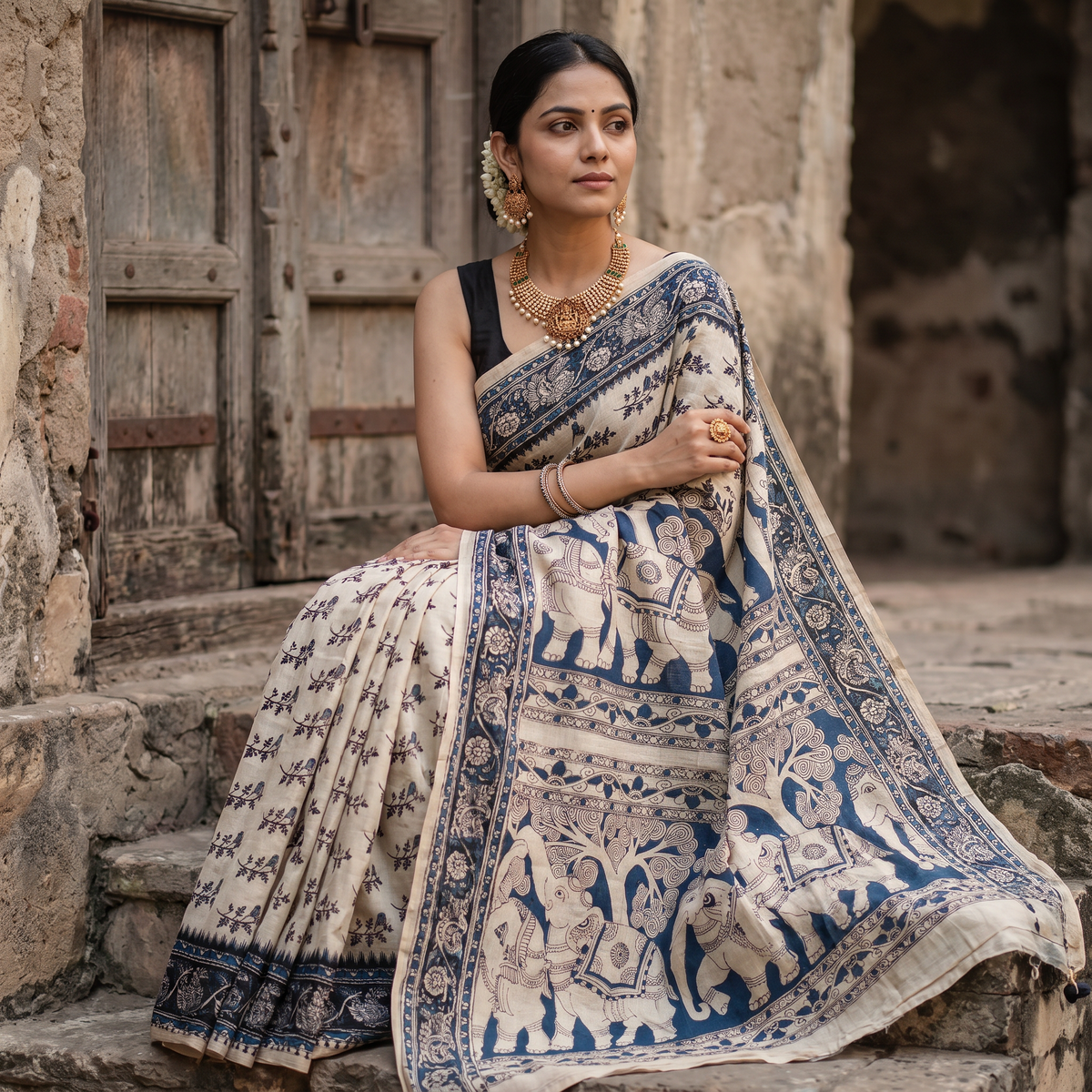 Beige Cotton Saree in Kalamkari Print, draped and worn by a woman, AI visual of the saree, iTokri