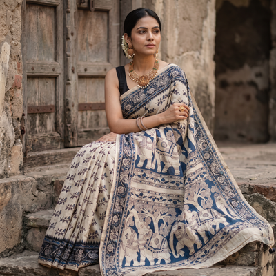 Beige Cotton Saree in Kalamkari Print, draped and worn by a woman, AI visual of the saree, iTokri