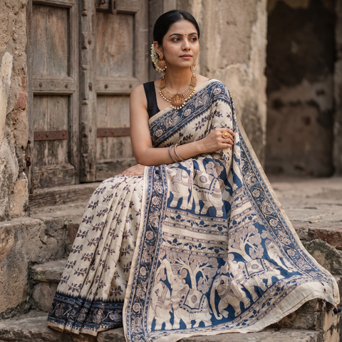 Beige Cotton Saree in Kalamkari Print, draped and worn by a woman, AI visual of the saree, iTokri