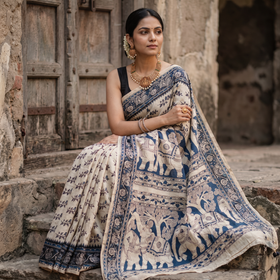 Beige Cotton Saree in Kalamkari Print, draped and worn by a woman, AI visual of the saree, iTokri