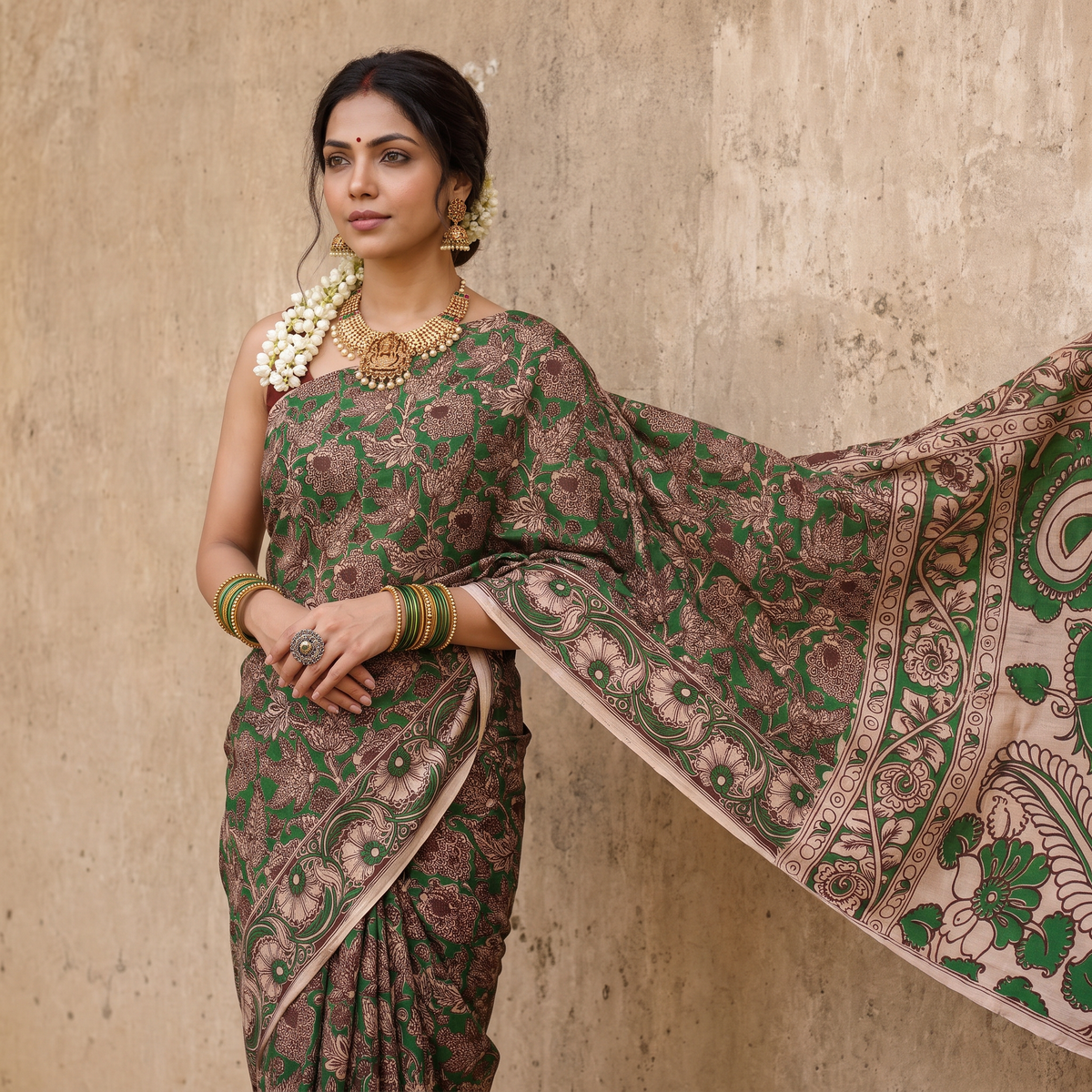 Brown Cotton Saree in Kalamkari Print, draped and worn by a woman, AI visual of the saree, iTokri