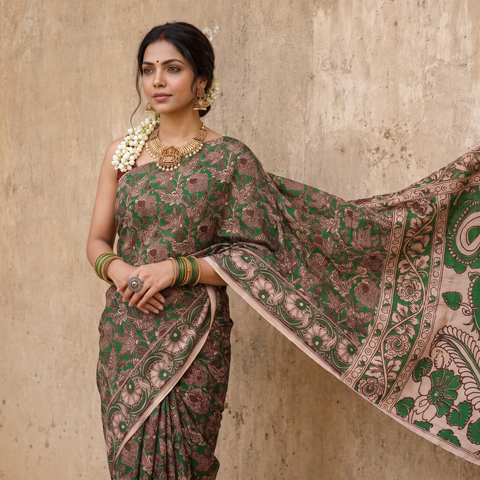 Brown Cotton Saree in Kalamkari Print, draped and worn by a woman, AI visual of the saree, iTokri