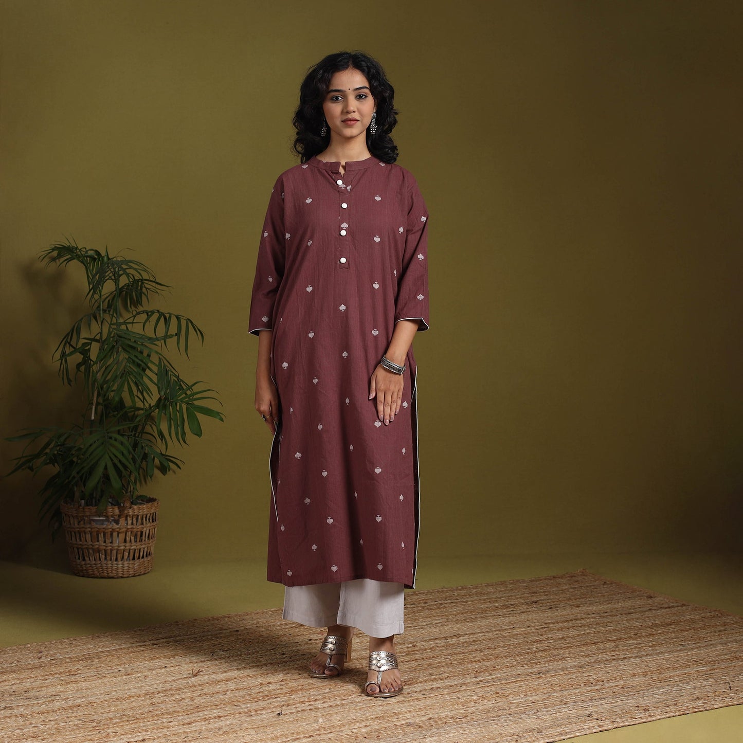 Cotton straight jacquard kurta 03 - l - handcrafted