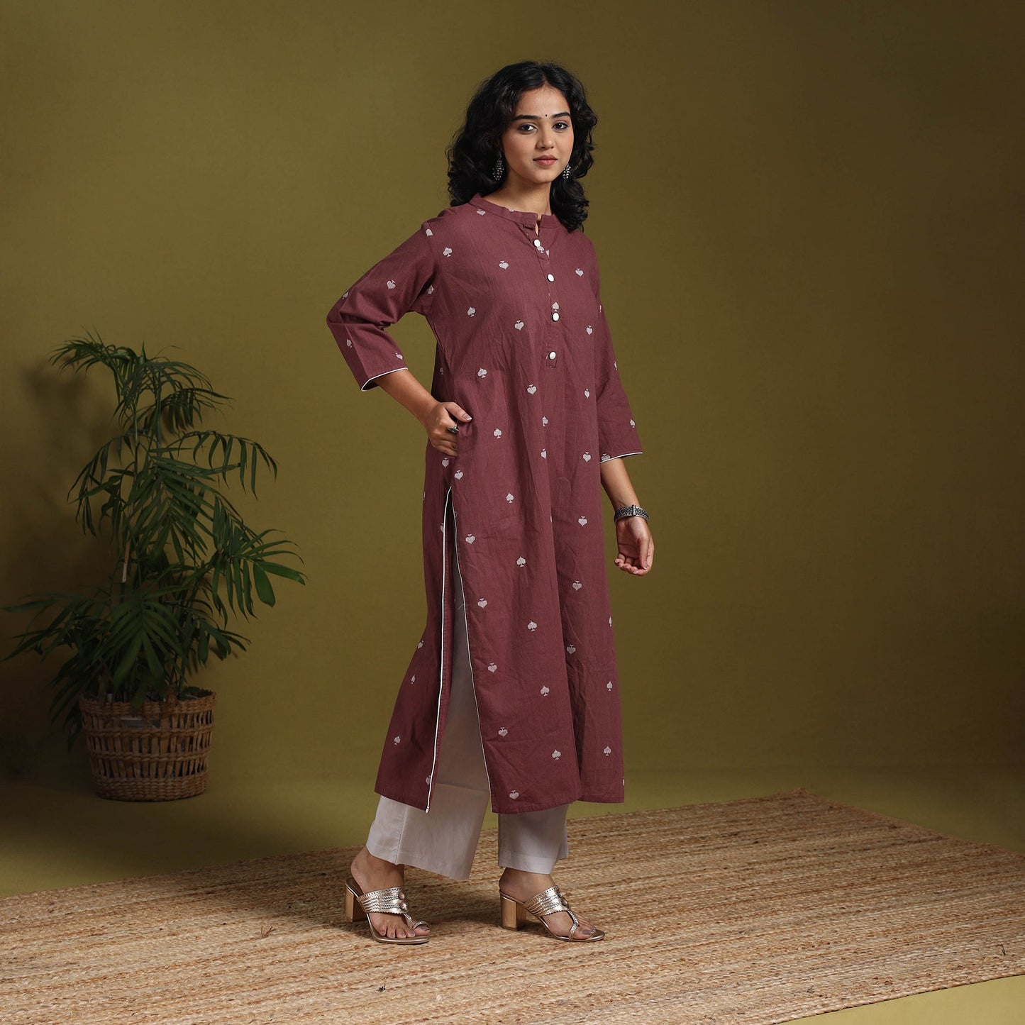 Cotton straight jacquard kurta 03 - l - handcrafted