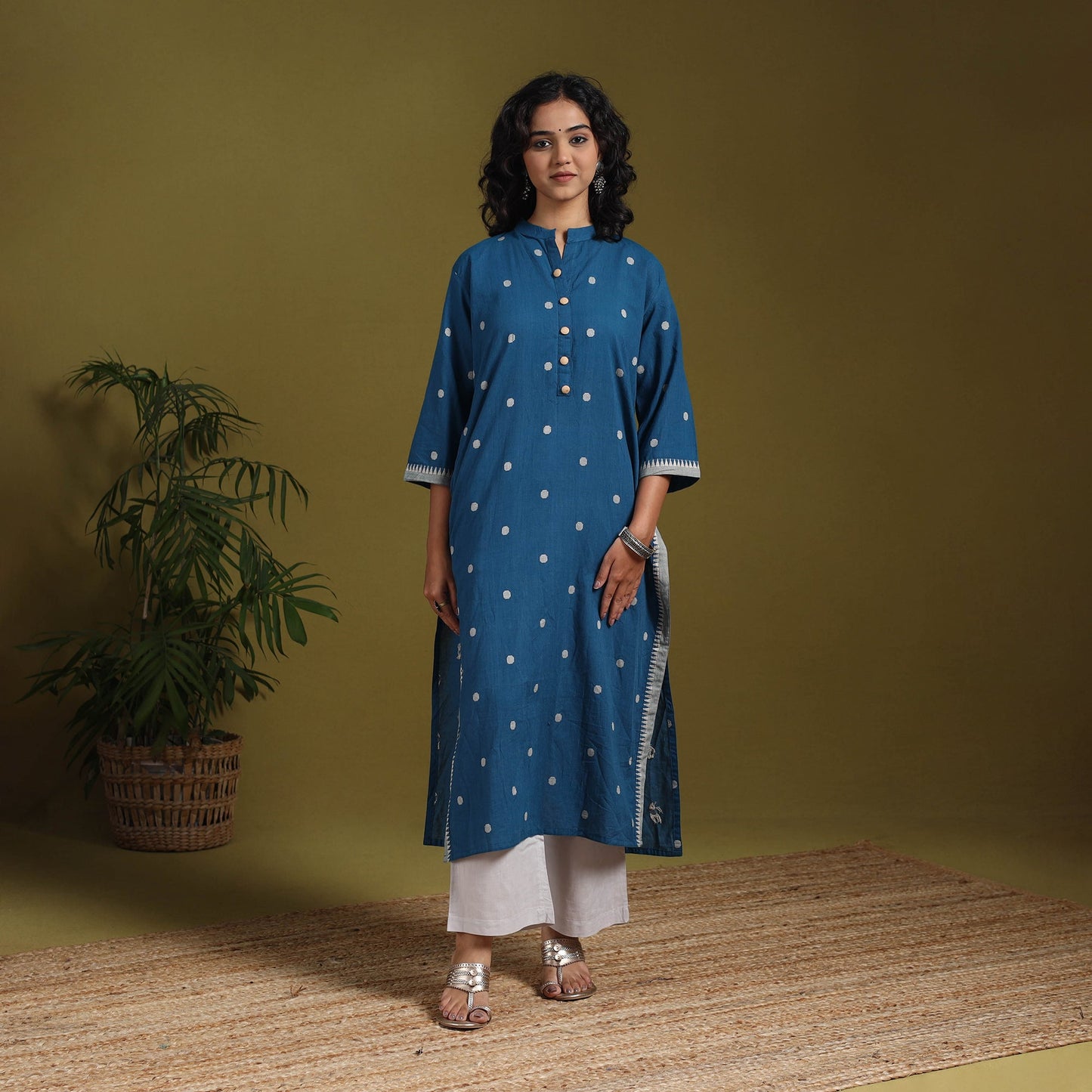 Cotton straight jacquard kurta 04 - l - handcrafted