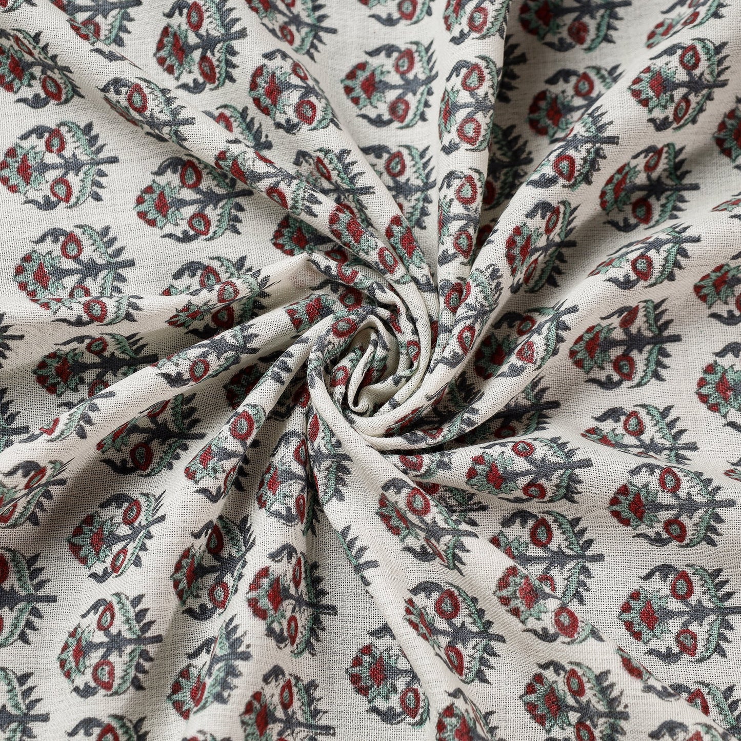  Cream With Florets Sanganeri Block Printed Handwoven Kutch Woolen Fabric 