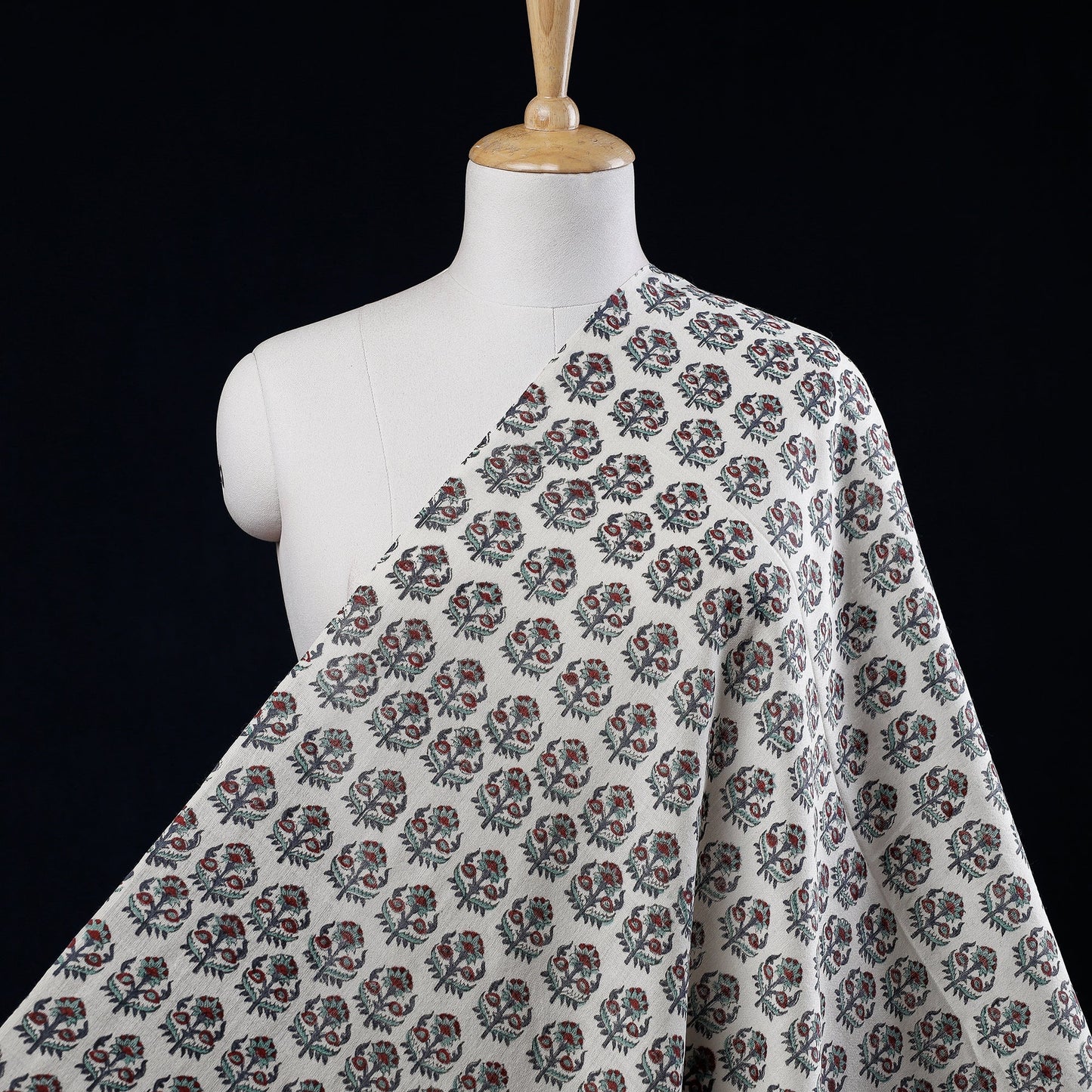  Cream With Florets Sanganeri Block Printed Handwoven Kutch Woolen Fabric 