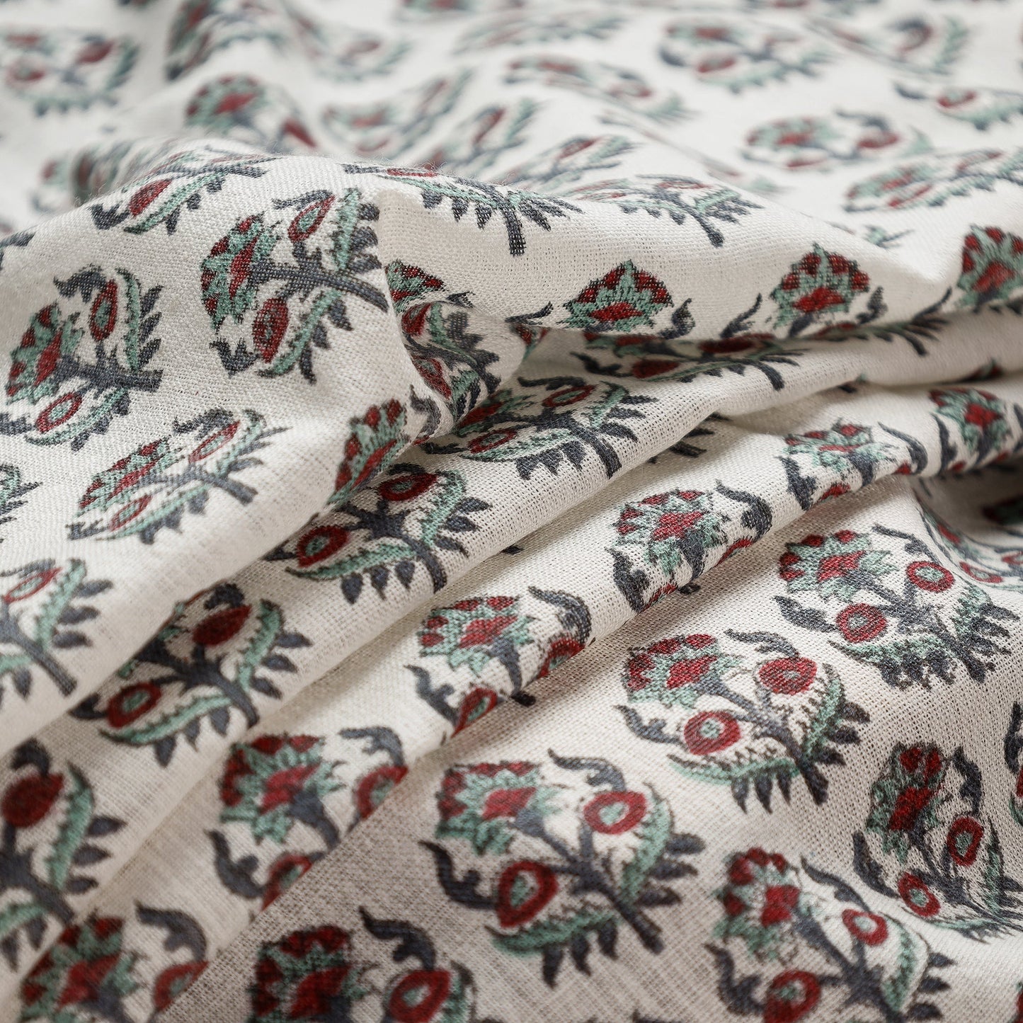  Cream With Florets Sanganeri Block Printed Handwoven Kutch Woolen Fabric 