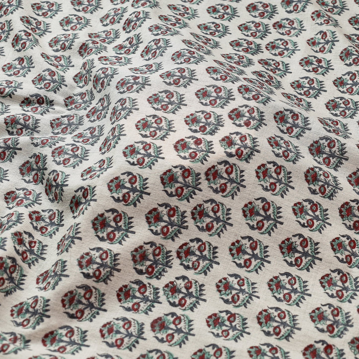  Cream With Florets Sanganeri Block Printed Handwoven Kutch Woolen Fabric 