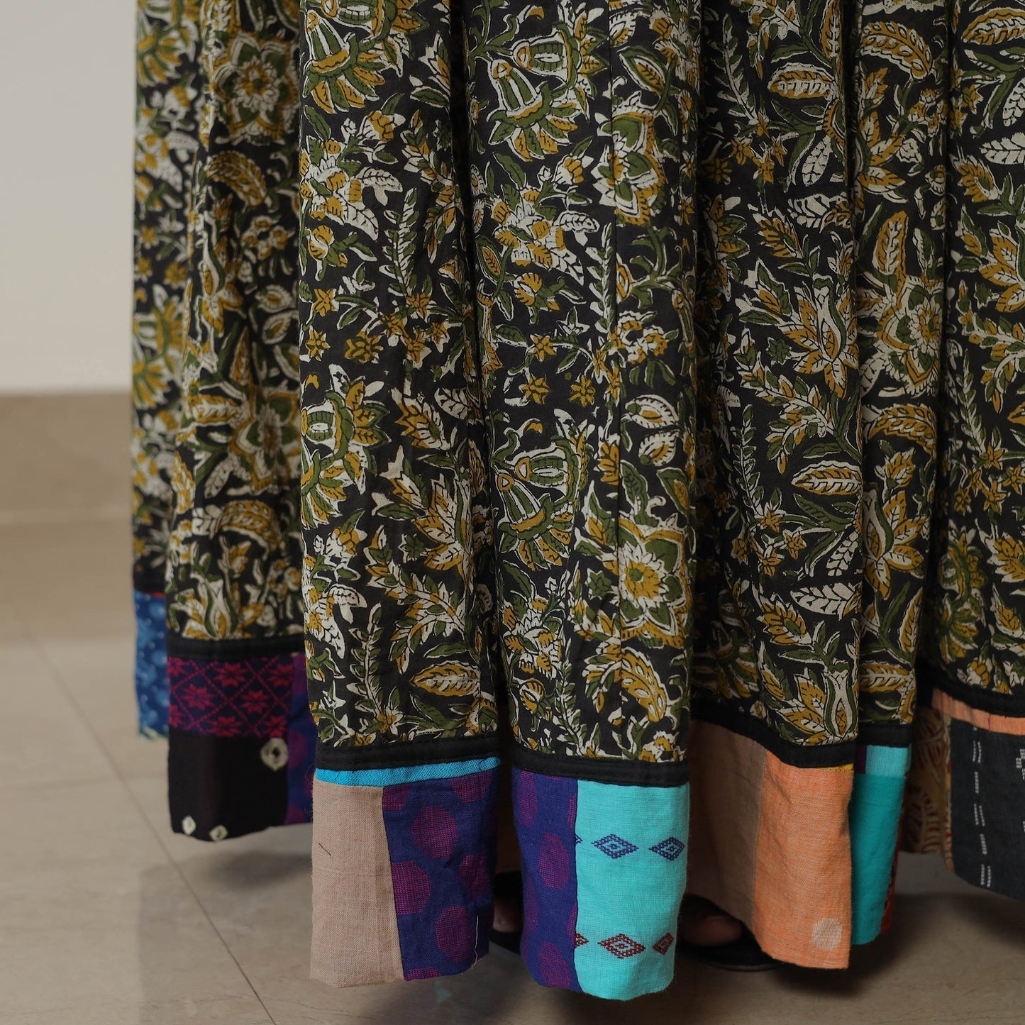 Multicolor - Green - Bagru Block Printed 24 Kali Patchwork Cotton Long Skirt 20
