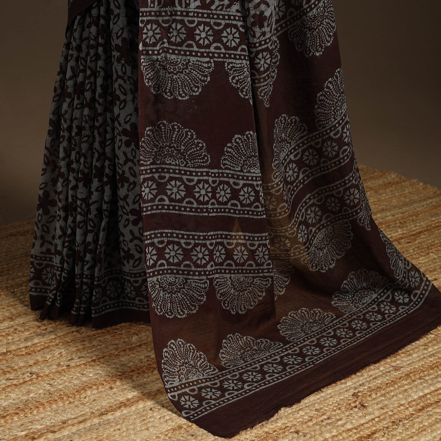 Brown - mul cotton hand batik saree 22 - handcrafted