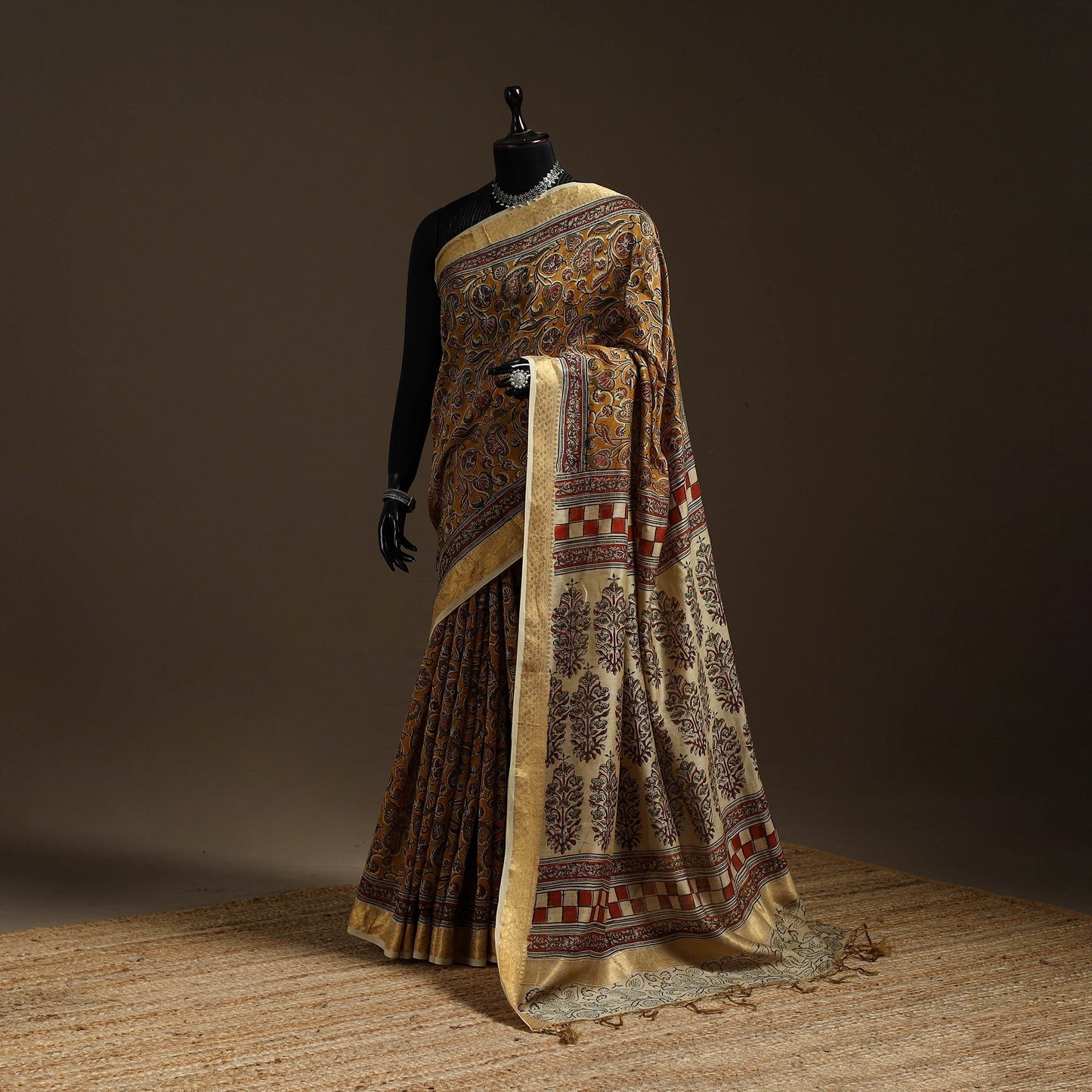 Brown - natural dyed pedana chanderi silk kalamkari saree