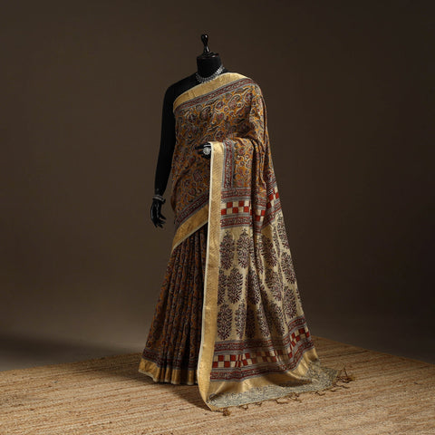 Brown - natural dyed pedana chanderi silk kalamkari saree