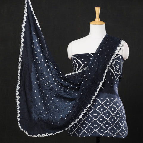 Dark Blue 3pc Kutch Bandhani Tie-Dye Satin Cotton Dress Material