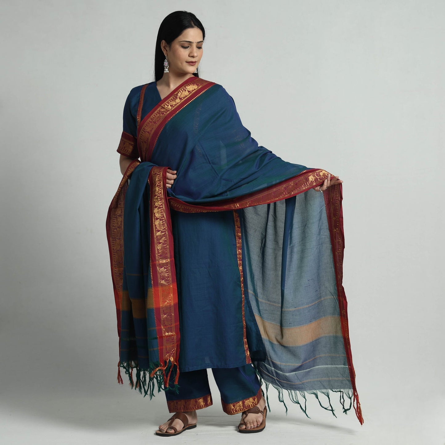 Dark blue dharwad cotton kurta with palazzo & dupatta set
