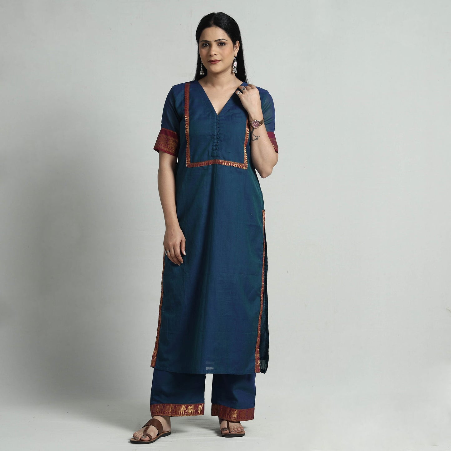 Dark blue dharwad cotton kurta with palazzo & dupatta set