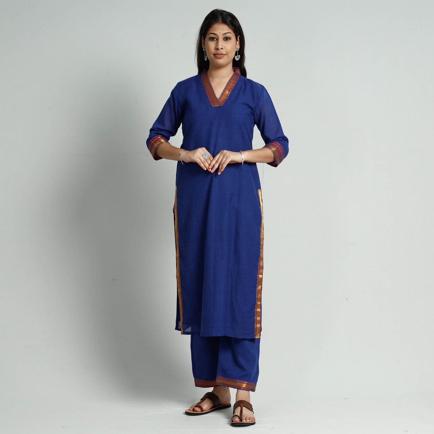 Dark blue dharwad cotton kurta with palazzo & dupatta set