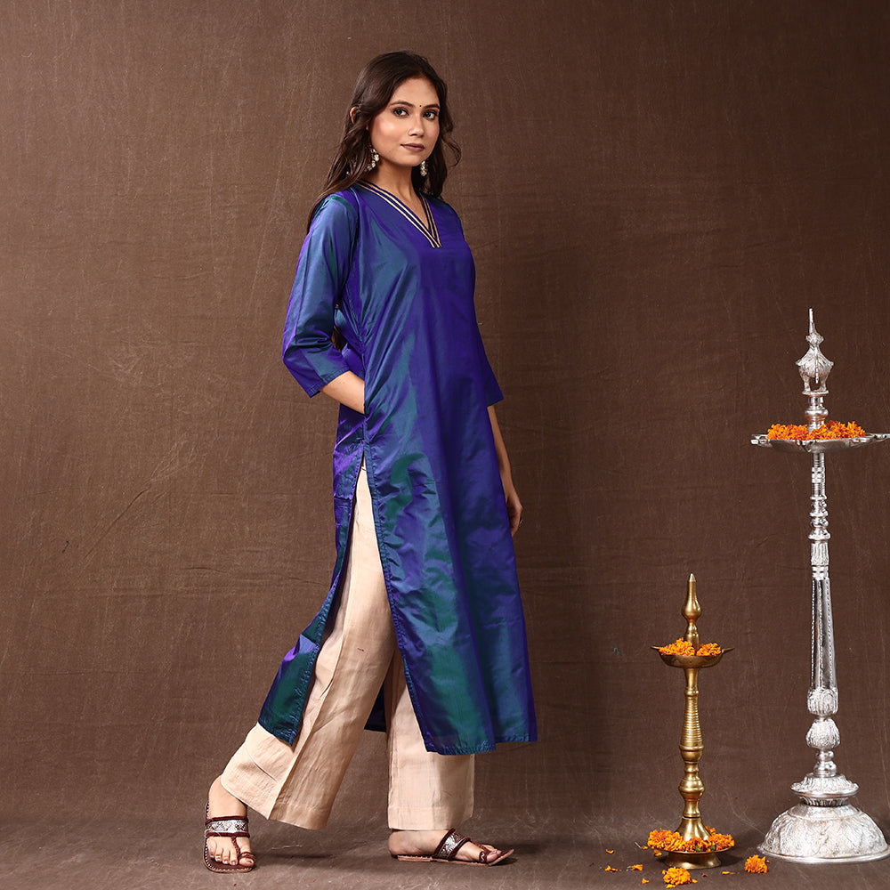 Buy Dark Blue Gota Work Pure Silk Plain Long Kurti for Women