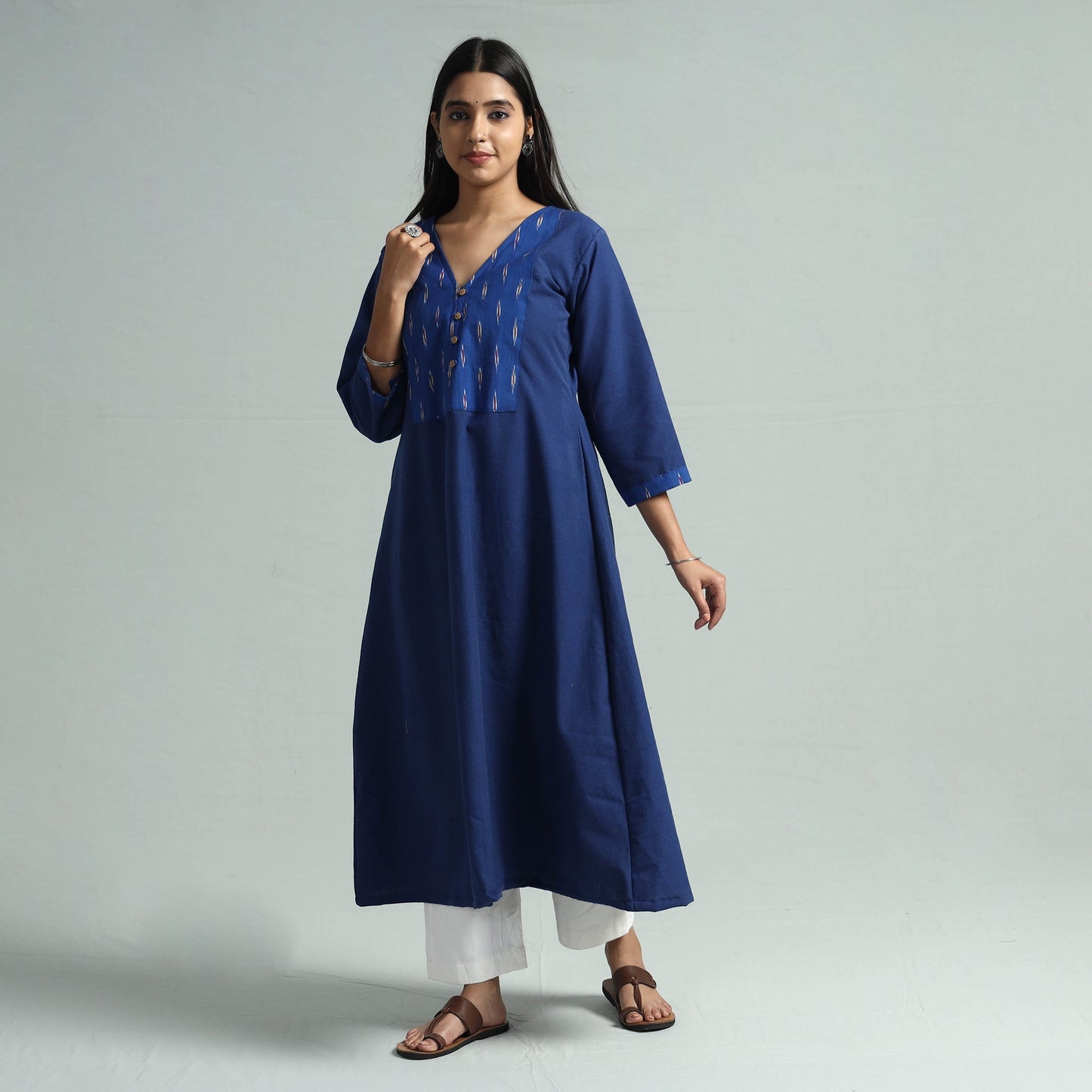 Dark blue jhiri handloom cotton ikat patchwork long kurta