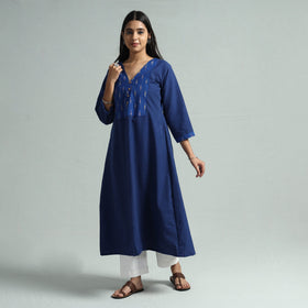 Dark blue jhiri handloom cotton ikat patchwork long kurta