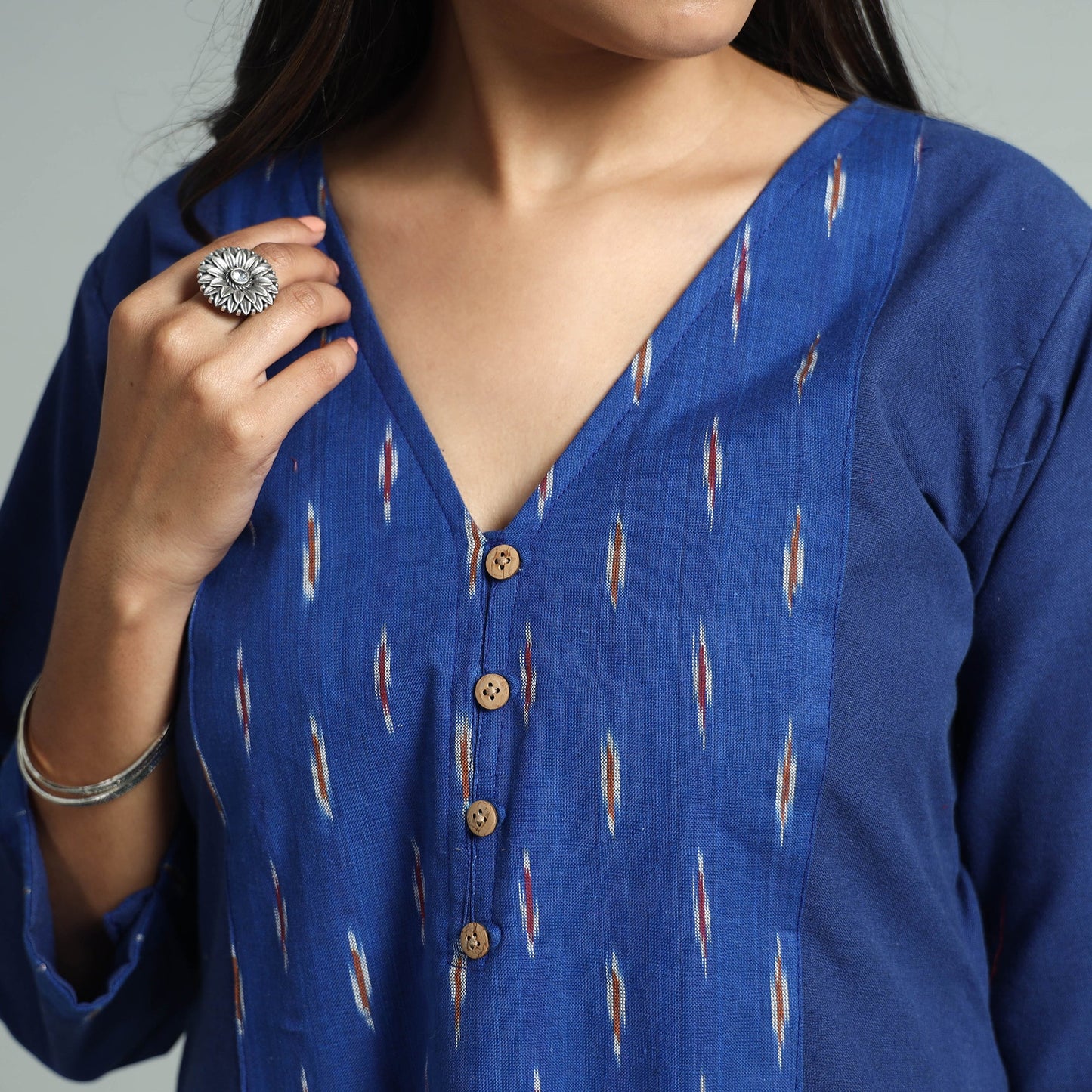Dark blue jhiri handloom cotton ikat patchwork long kurta