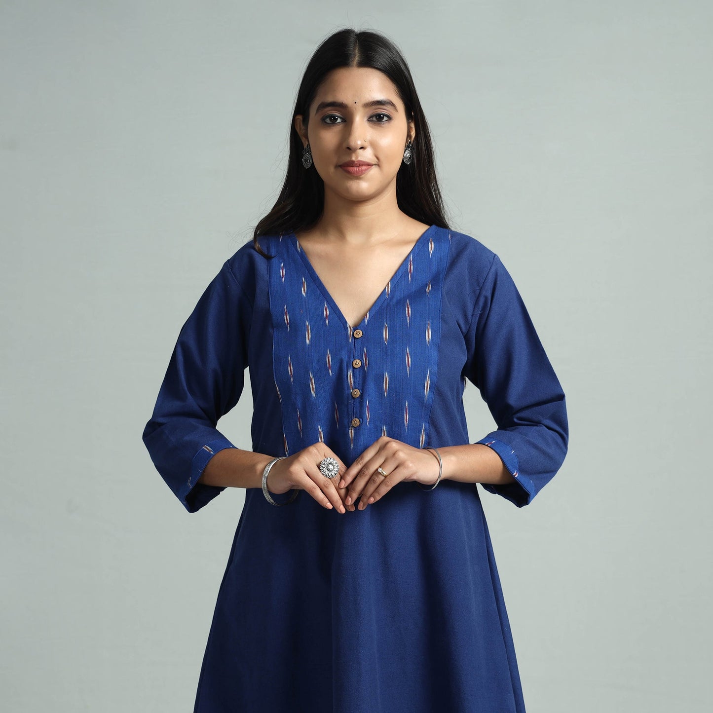 Dark blue jhiri handloom cotton ikat patchwork long kurta