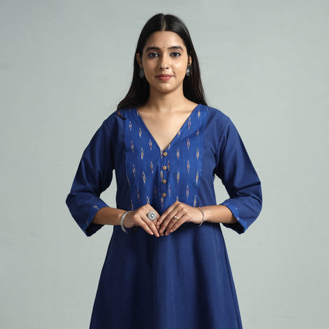 Dark blue jhiri handloom cotton ikat patchwork long kurta