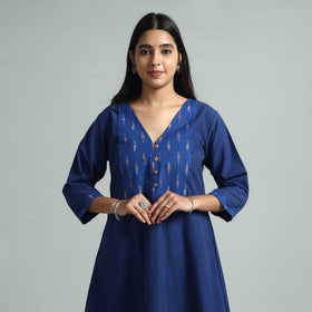 Dark blue jhiri handloom cotton ikat patchwork long kurta
