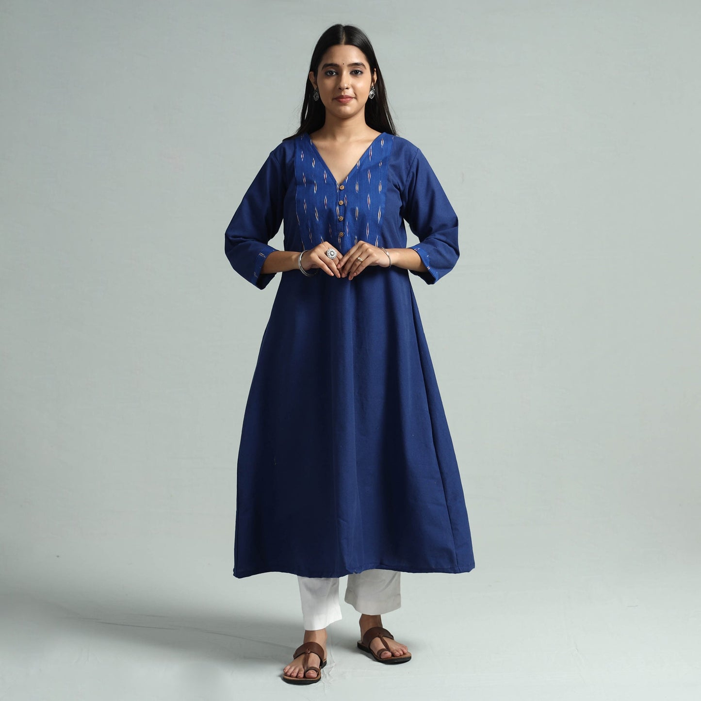 Dark blue jhiri handloom cotton ikat patchwork long kurta