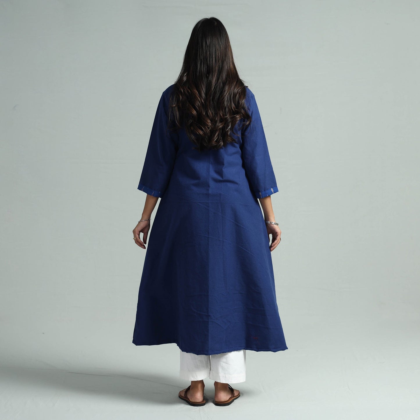 Dark blue jhiri handloom cotton ikat patchwork long kurta