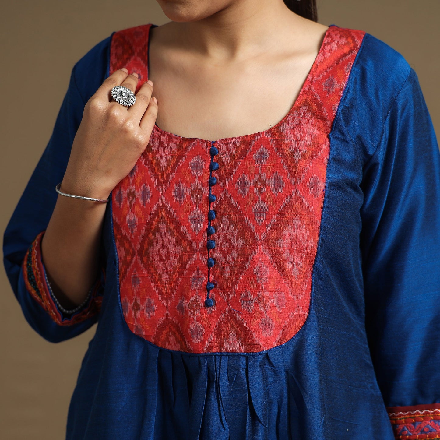 Buy Plain Slub Silk Kurta with Ikat Patchwork Online at iTokri.com