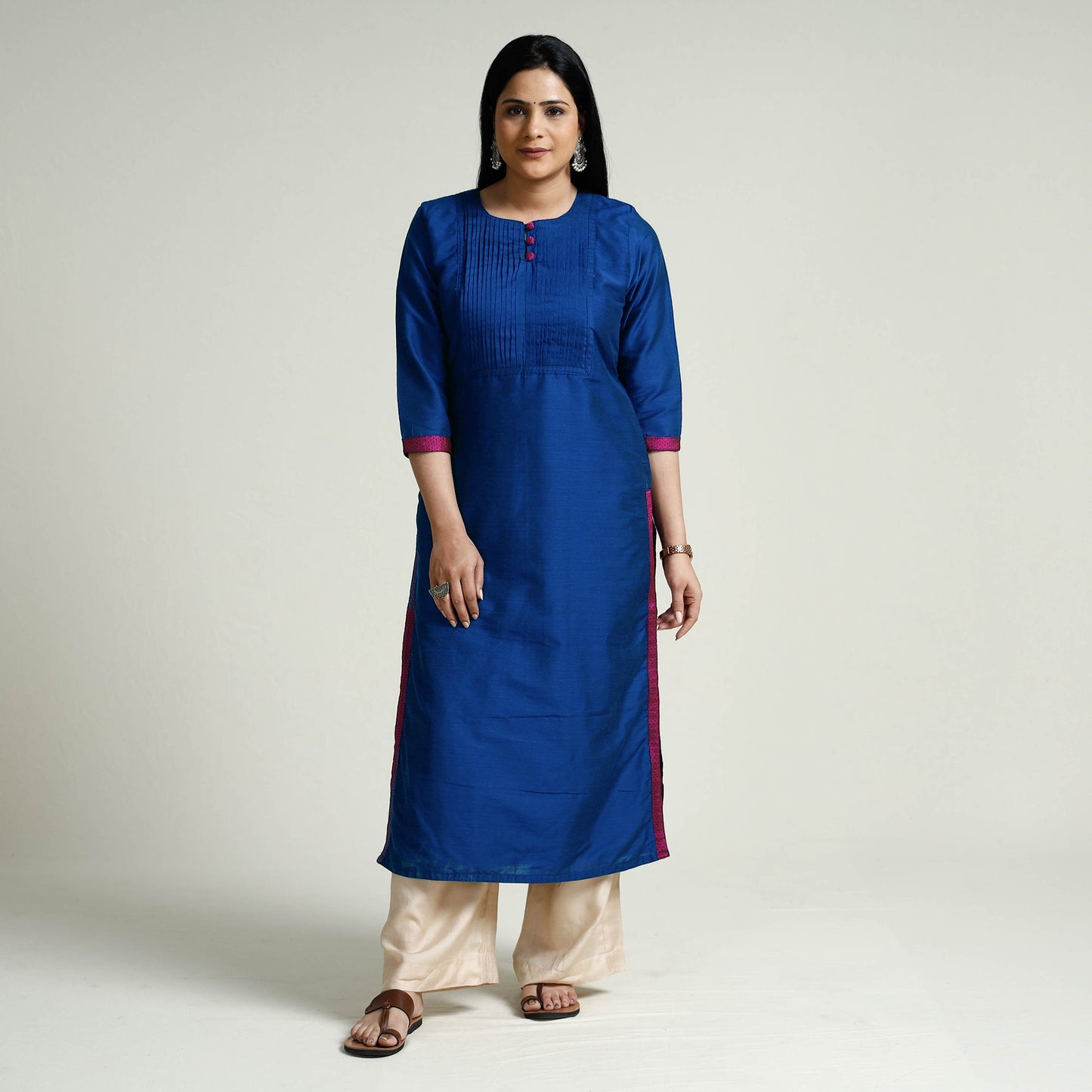  Plain Silk Pintuck Long Kurta for Women