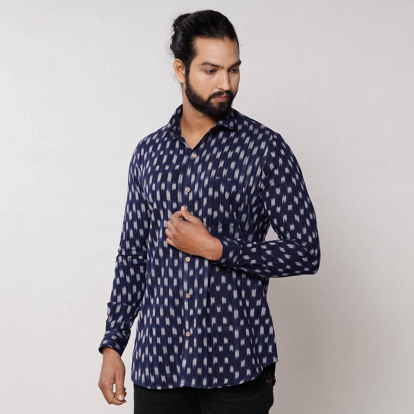 Dark blue - pochampally ikat pure cotton men full sleeve