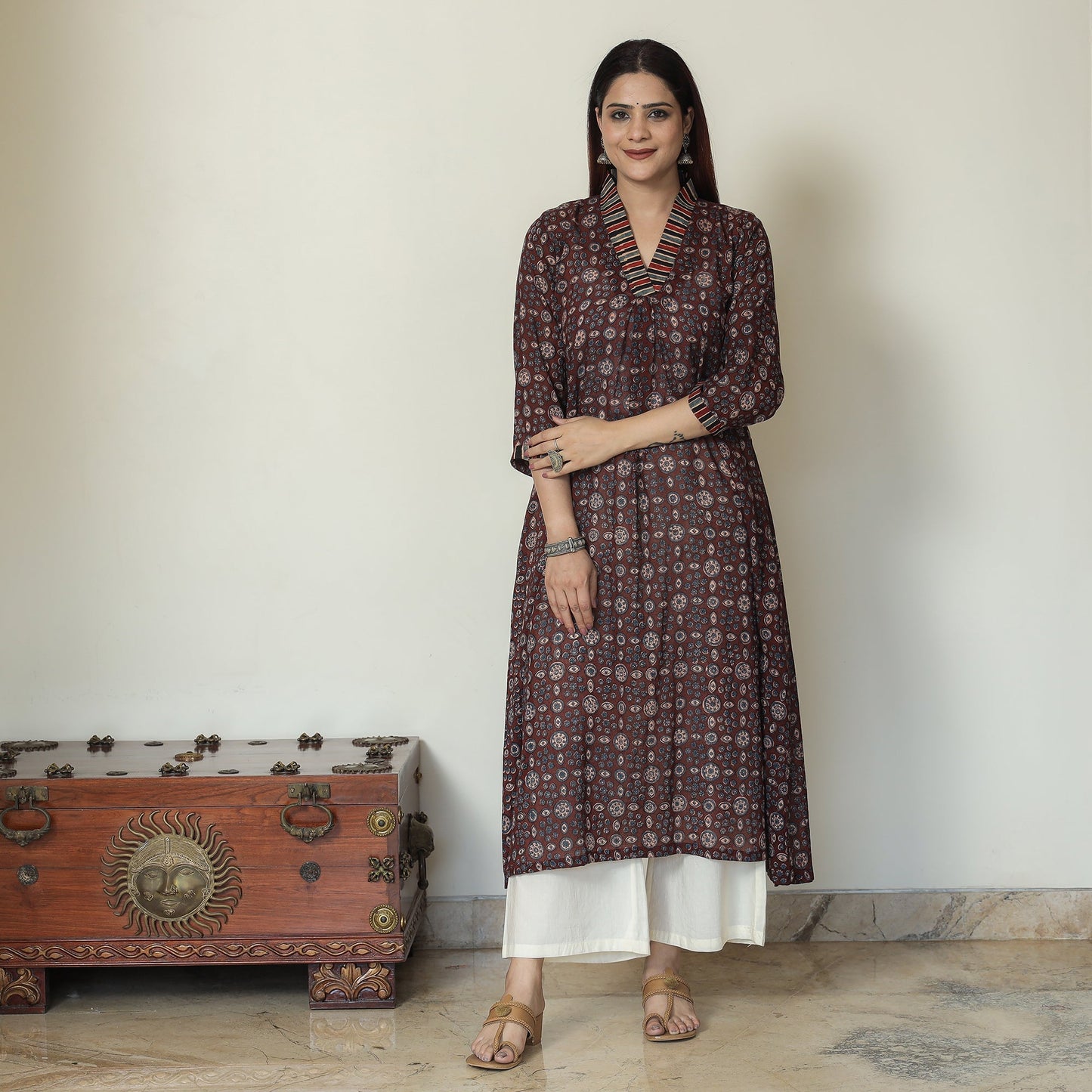 Buy Ajrakh Block Printed Mul Cotton A-Line Kurta 02 Online at iTokri.com