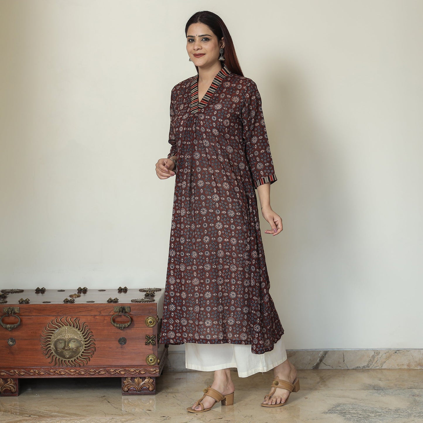 Buy Ajrakh Block Printed Mul Cotton A-Line Kurta 02 Online at iTokri.com