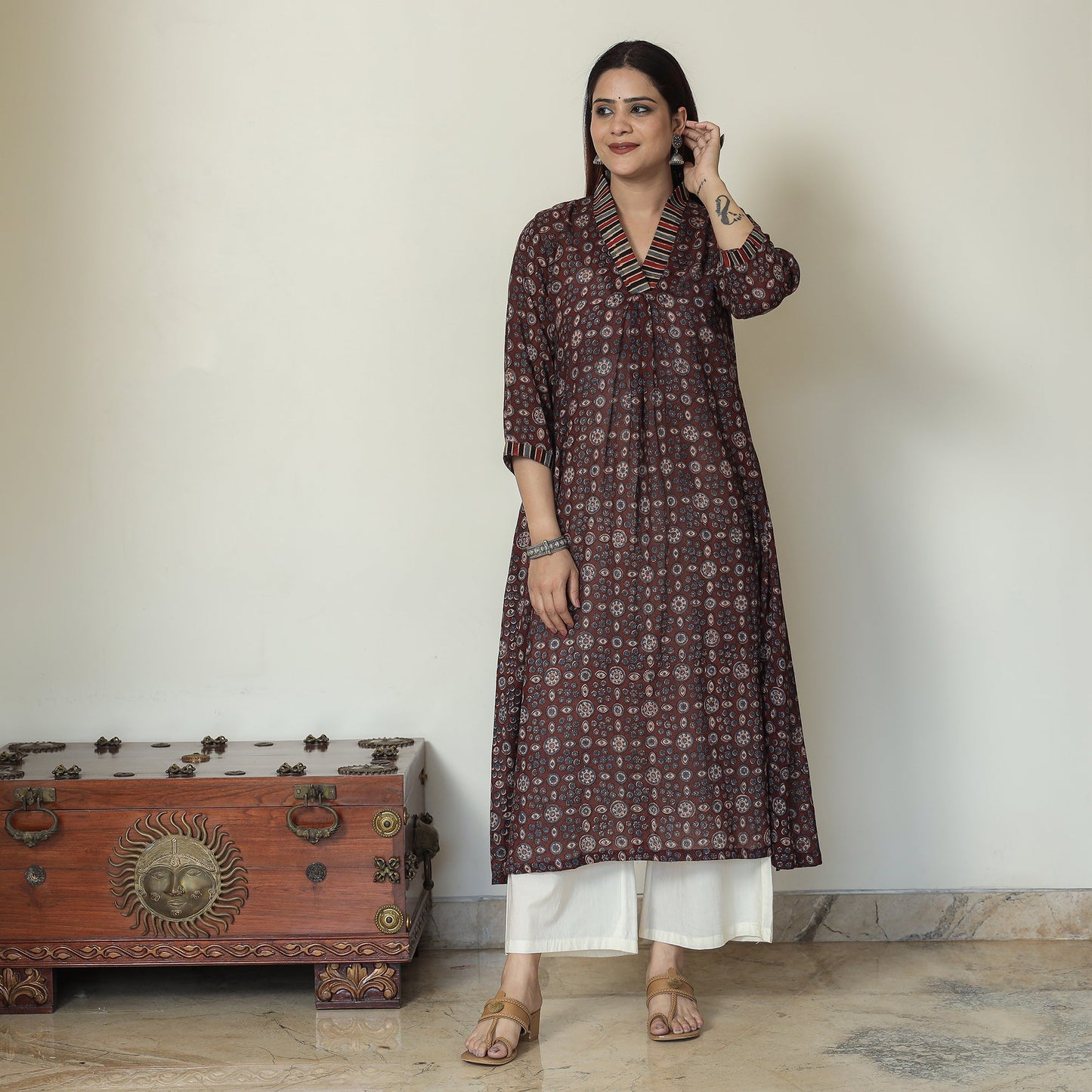 Buy Ajrakh Block Printed Mul Cotton A-Line Kurta 02 Online at iTokri.com