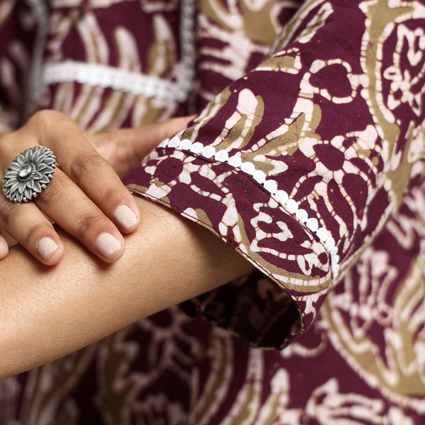Buy Hand Batik Printed Cotton A-Line Kurta with Lace Work Online at iTokri.com
