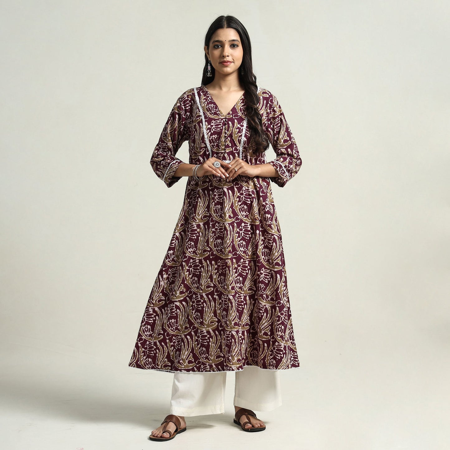 Buy Hand Batik Printed Cotton A-Line Kurta with Lace Work Online at iTokri.com