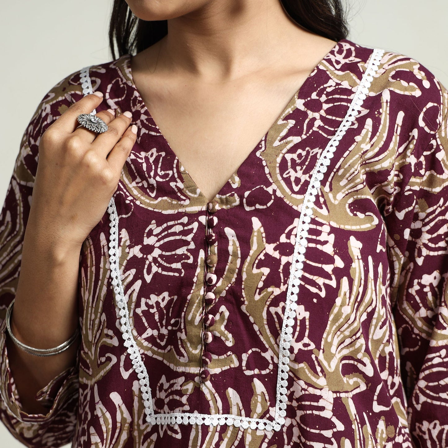 Buy Hand Batik Printed Cotton A-Line Kurta with Lace Work Online at iTokri.com
