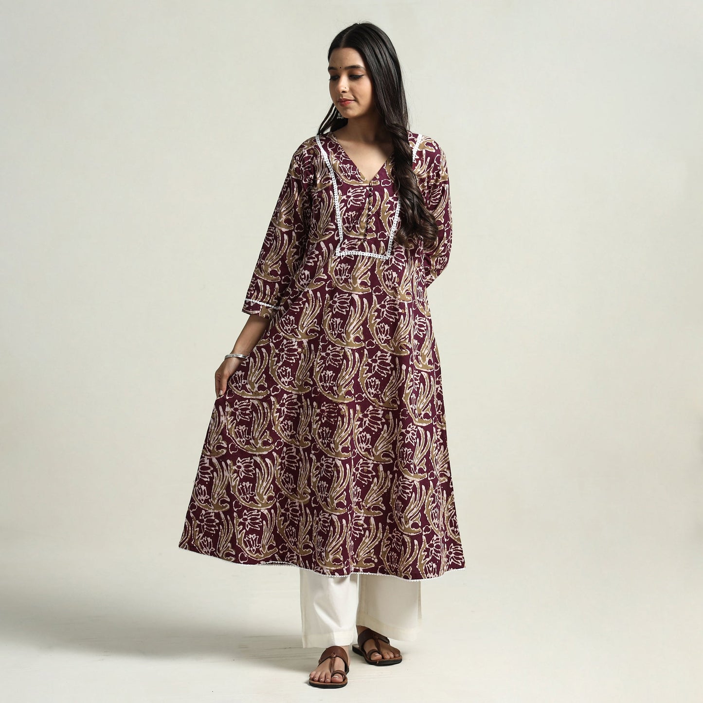 Buy Hand Batik Printed Cotton A-Line Kurta with Lace Work Online at iTokri.com