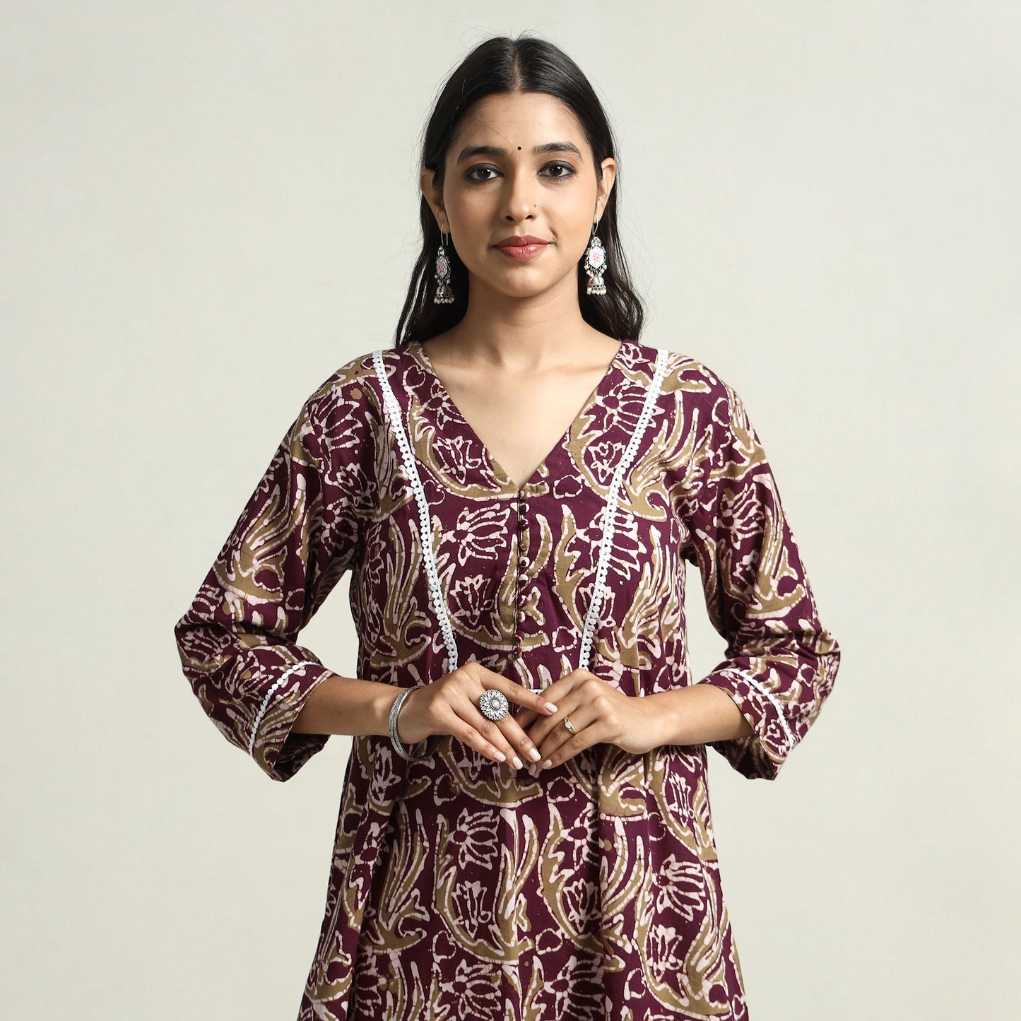 Buy Hand Batik Printed Cotton A-Line Kurta with Lace Work Online at iTokri.com