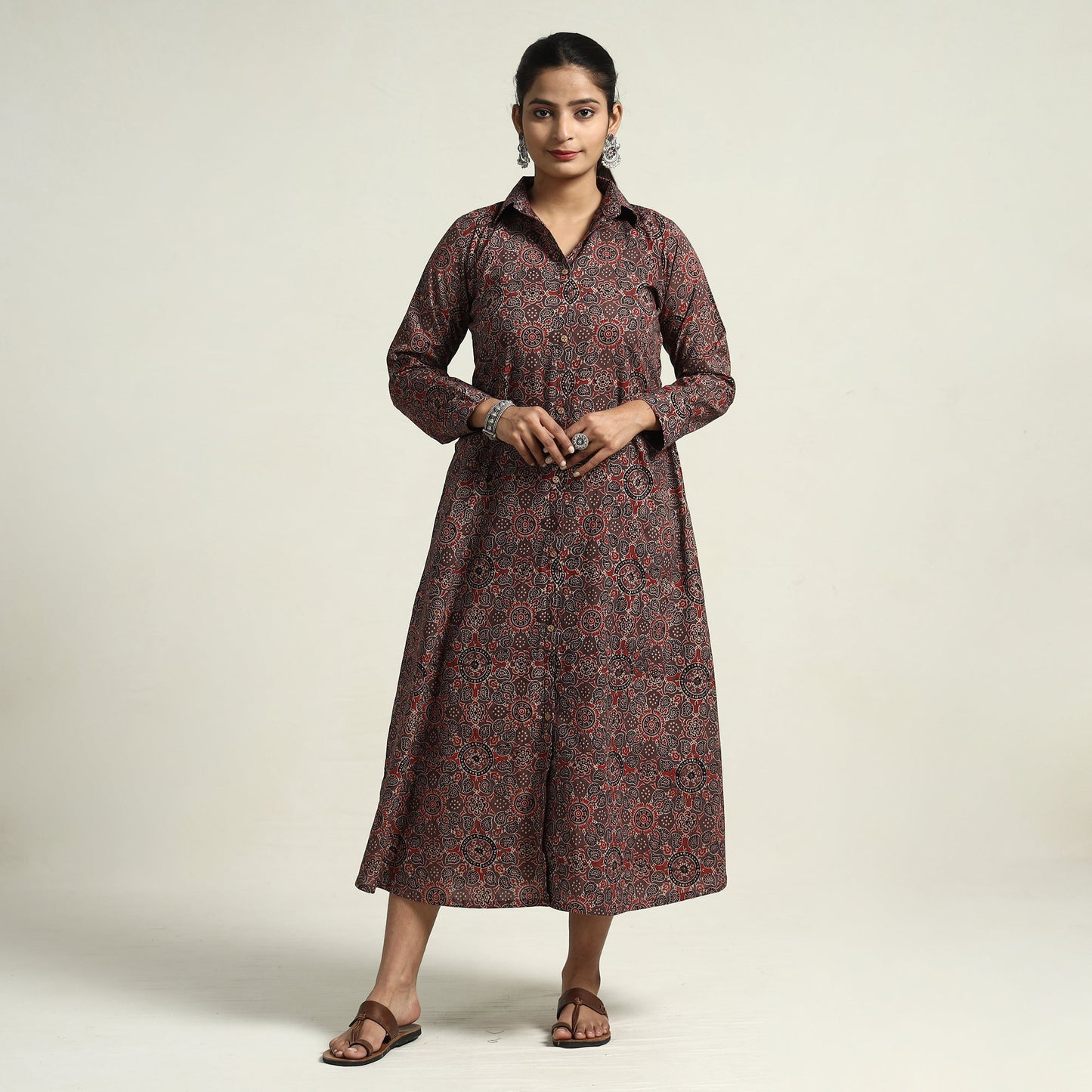  Brown - Hand Block Print Cotton Ajrakh Dress