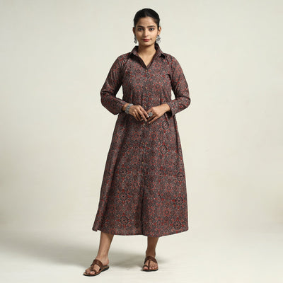  Brown - Hand Block Print Cotton Ajrakh Dress