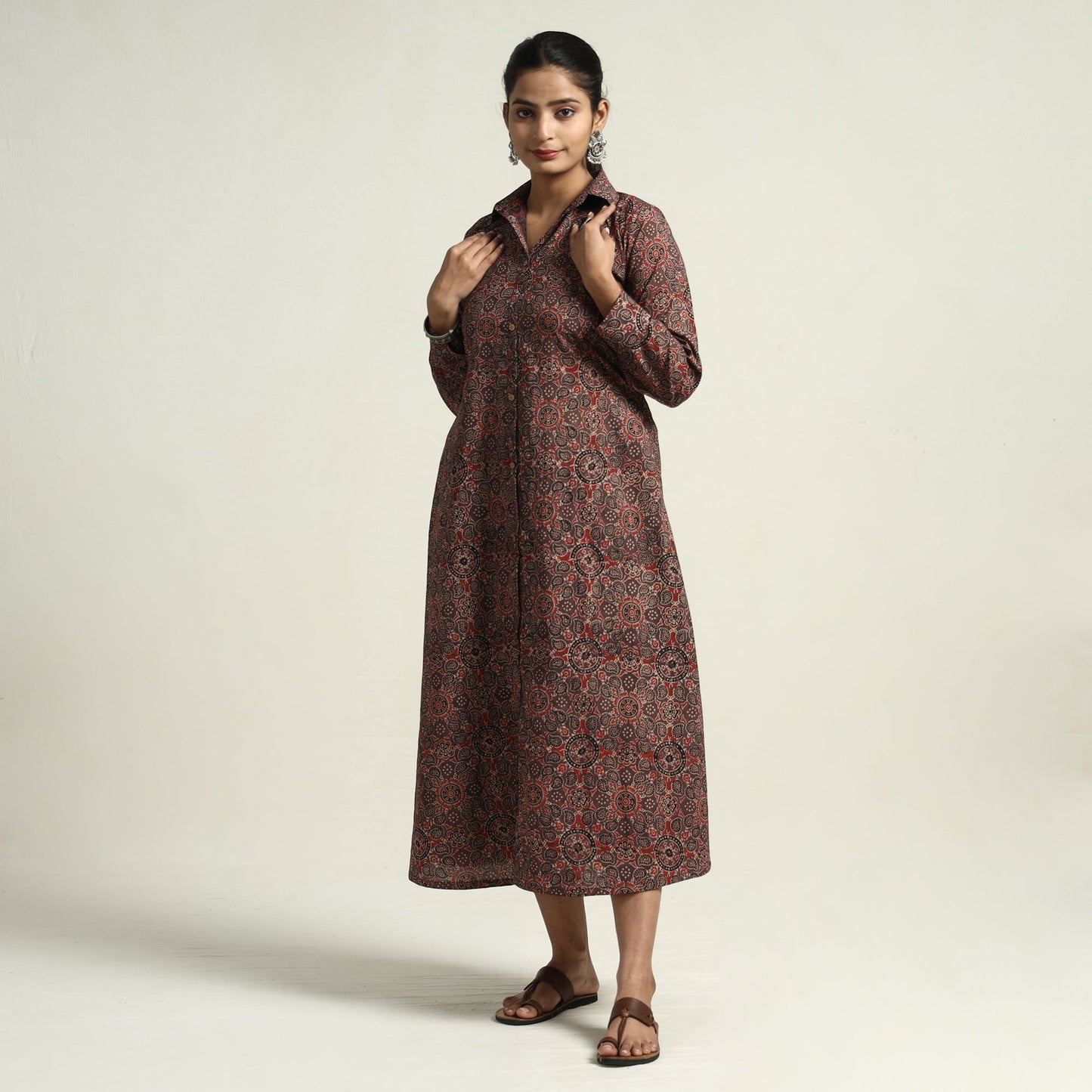  Brown - Hand Block Print Cotton Ajrakh Dress