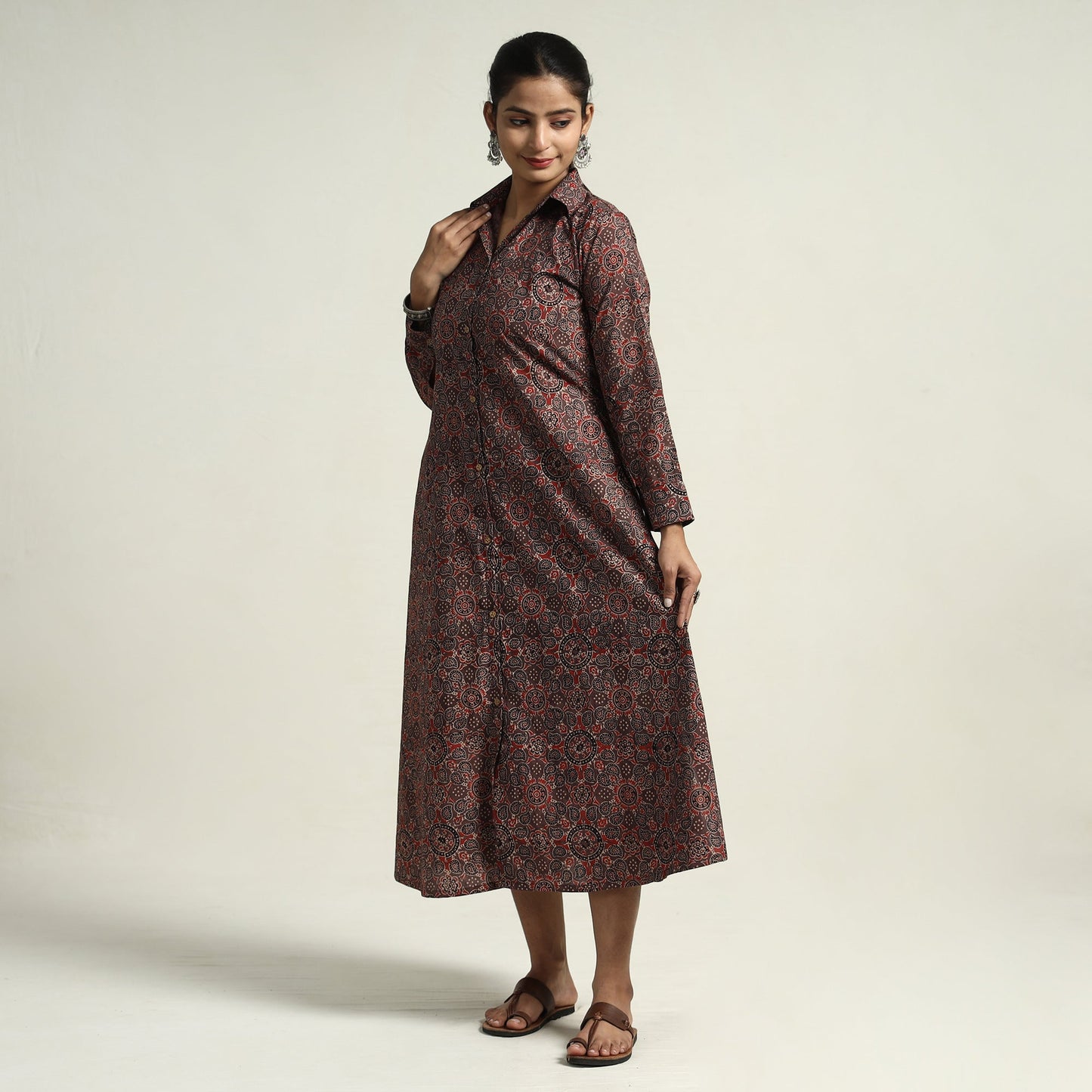  Brown - Hand Block Print Cotton Ajrakh Dress