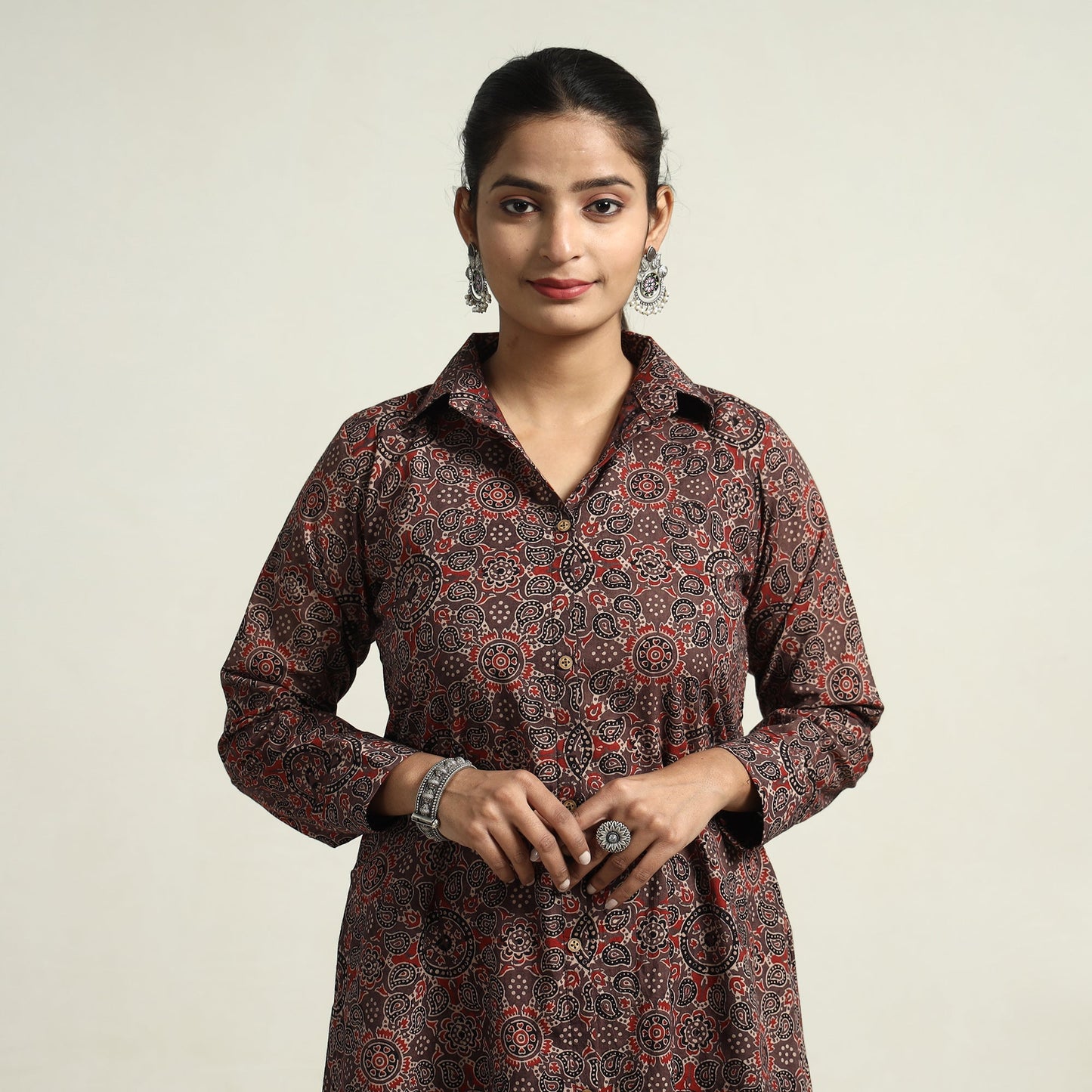  Brown - Hand Block Print Cotton Ajrakh Dress