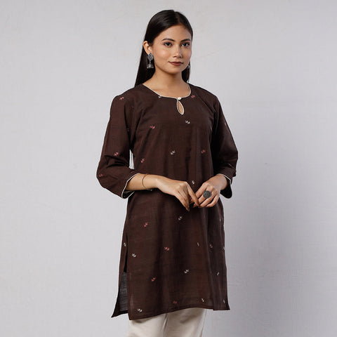 Dark brown jamdani handloom cotton short kurta - handcrafted