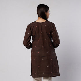 Dark brown jamdani handloom cotton short kurta - handcrafted